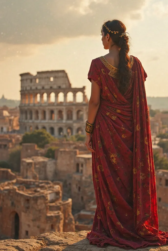 An aesthetic representation and work of art of the Roman Colosseum and on the horizon an image of the Roman goddess of wisdom wearing the iconic clothes of Roman culture, the image set with touches of war