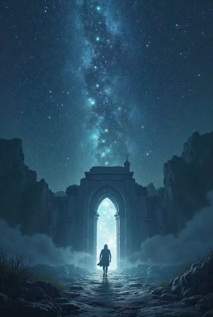 There is a door in the dark. The sky looks spectacular. A person walking to the door on the illuminated path