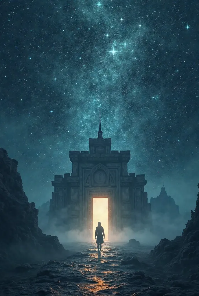 There is a door in the dark. The sky looks spectacular. A person walking to the door on the illuminated path