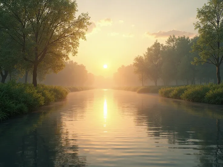 "A realistic scene of a calm river at dawn, with waters reflecting the golden hues of the rising sun, surrounded by green banks and clear skies beginning to open. The tranquility of the river symbolizes the peace achieved by controlling anxiety,  Ratio 16 ...