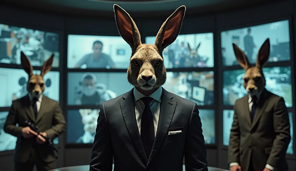 Photo by Jason Statham, Gray and Lex in the security room. Jason Statham in a classic suit with a hare mask on his face standing in front of the screens, streaming footage from cameras. Gray and Lex are armed men dressed as hares behind Jason Stjtham