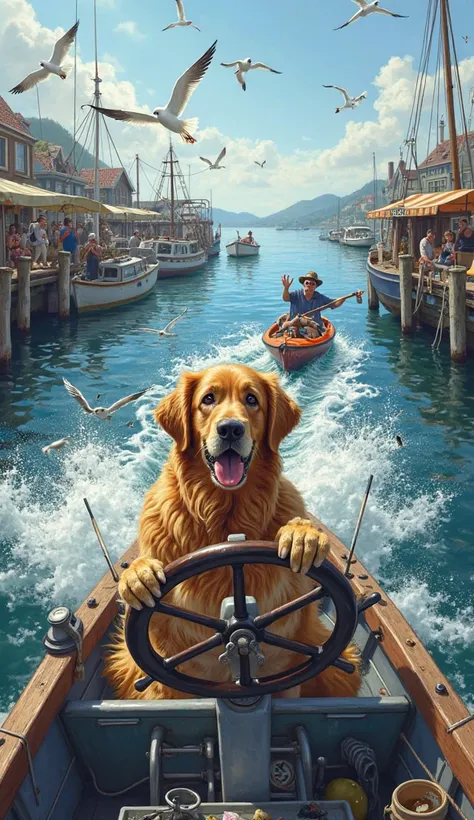 A small fishing boat suddenly speeds away from the harbor with a golden retriever at the wheel. His eyes are wide in panic, his paws gripping the wheel as the boat zigzags wildly. Fishermen on the dock wave their arms, and a man in a kayak paddles frantica...