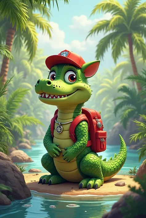 Generate me a picture of a crocodile that looks like Ryder Boy from Paw Patrol.