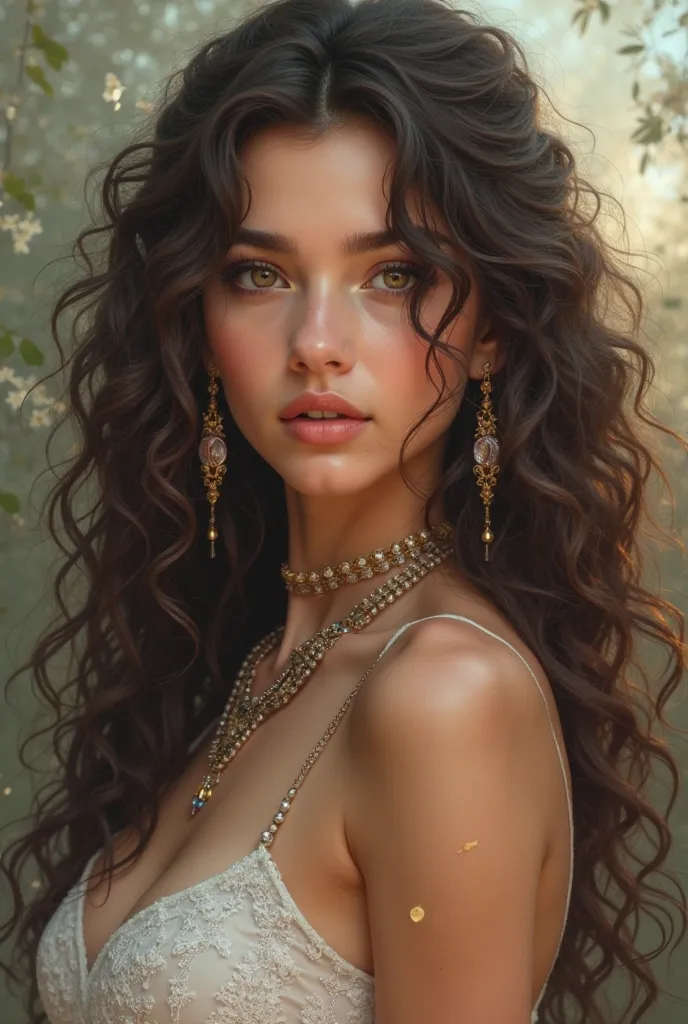 Beautiful girl with long curly hair who has all kinds of jewelry 