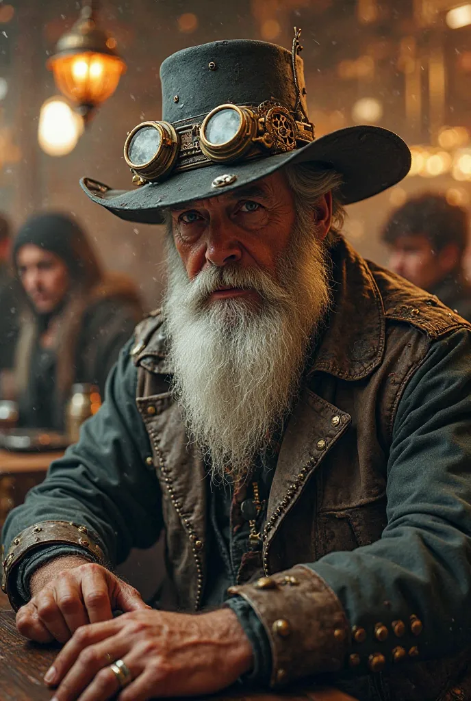 Badass steampunk, hat, long white well-groomed beard, is in a bar and drink a beer.