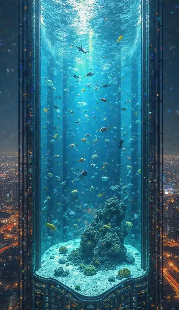 A stunning ultra-realistic futuristic skyscraper featuring a fully transparent aquarium elevator that ascends to breathtaking heights. The floor, walls, and ceiling are made of crystal-clear glass filled with exotic marine life, giving passengers the surre...