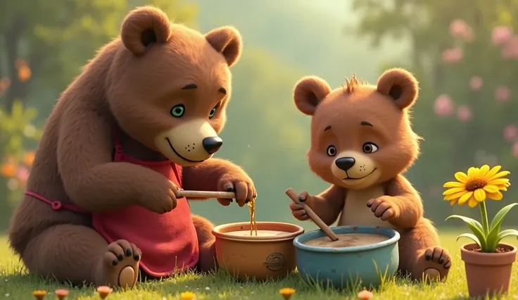 Bear cub plays improvised drums in pots, pans, bowls. Mother bear wets flowers in garden. Bear cub has brown fur, small ears, big brown eyes, big black nose. Mother bear has green eyes, big black nose, has a red apron. Next to the bear cub is a yellow flow...