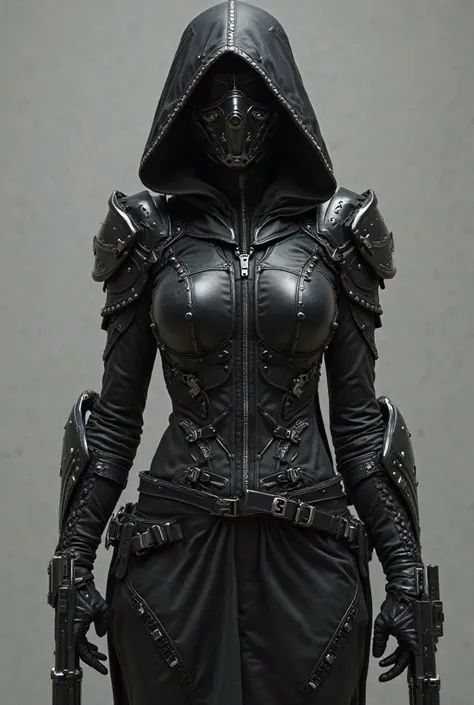  Predominant colors: Black with white details

Mask: A mask that covers the entire face and a black hoodie 

Armour: Something flexible and quiet, armor with reinforced fabric for resistance to cuts and light bullets.

weapons:

Knives hidden in the suit.
...