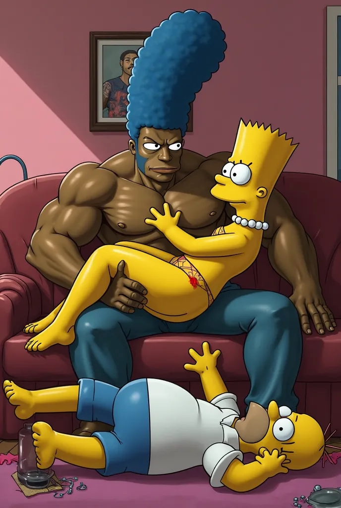 Marge naked on the couch with a big black guy Homer drunk on the floor 