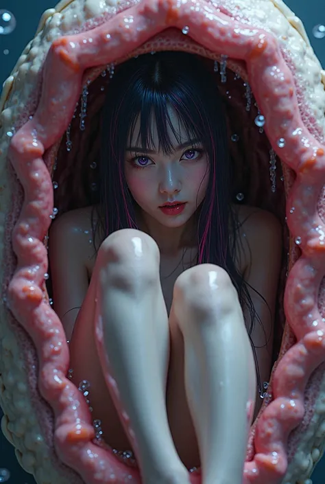 Japanese woman with long dark purple hair and wet pink highlights, eyes in purple, wearing underwear, mouth open, sitting curled up, knees raised, (Kneeling, bending knees) The skin is full of mucus, in a stomach-like capsule with no way out, wrinkled, wet...