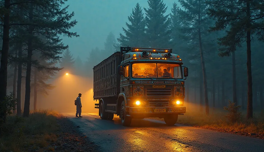 "A highly detailed, ultra-realistic Pakistani truck parked on a deserted road in a misty forest at night. The truck is beautifully decorated with intricate Pakistani truck art, vibrant colors, and traditional patterns. Its headlights and interior lights gl...