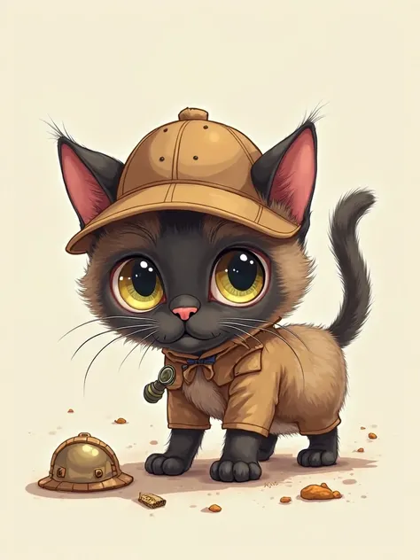 A colorful drawing of a cute Siam kitten in a detective costume that bends over and searches for clues on the ground, Exactly, very detailed, Very nice,  cute, Illustration, Conceptual art, simple background, 