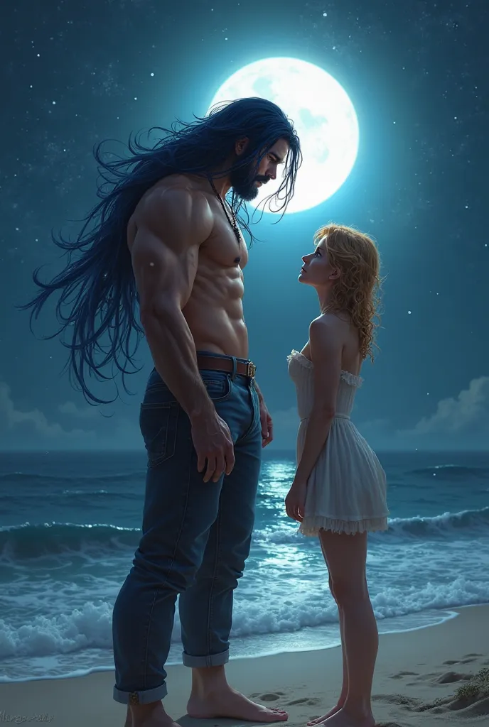 A tall young and muscular man, with long, thick blue-black hair.Naked to the waist looks at a young blond and curly woman of short stature. On the seashore in the moonlight