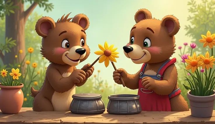 Continuation style, background and characters. Bear cub plays improvised drums in pots, pans, bowls. Mother bear wets flowers in garden. Bear cub has brown fur, small ears, big brown eyes, big black nose. Mother bear has green eyes, big black nose, has a r...