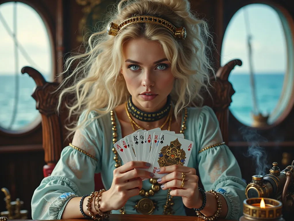  Beautiful woman with wild blonde hair, light blue eyes, holding playing cards with golden ornament on the back. Blue ornaments on her clothes, steampunk head accessory. In a cabin on a pirate ship, ship’s window showing the sea. Sitting at a desk with a s...