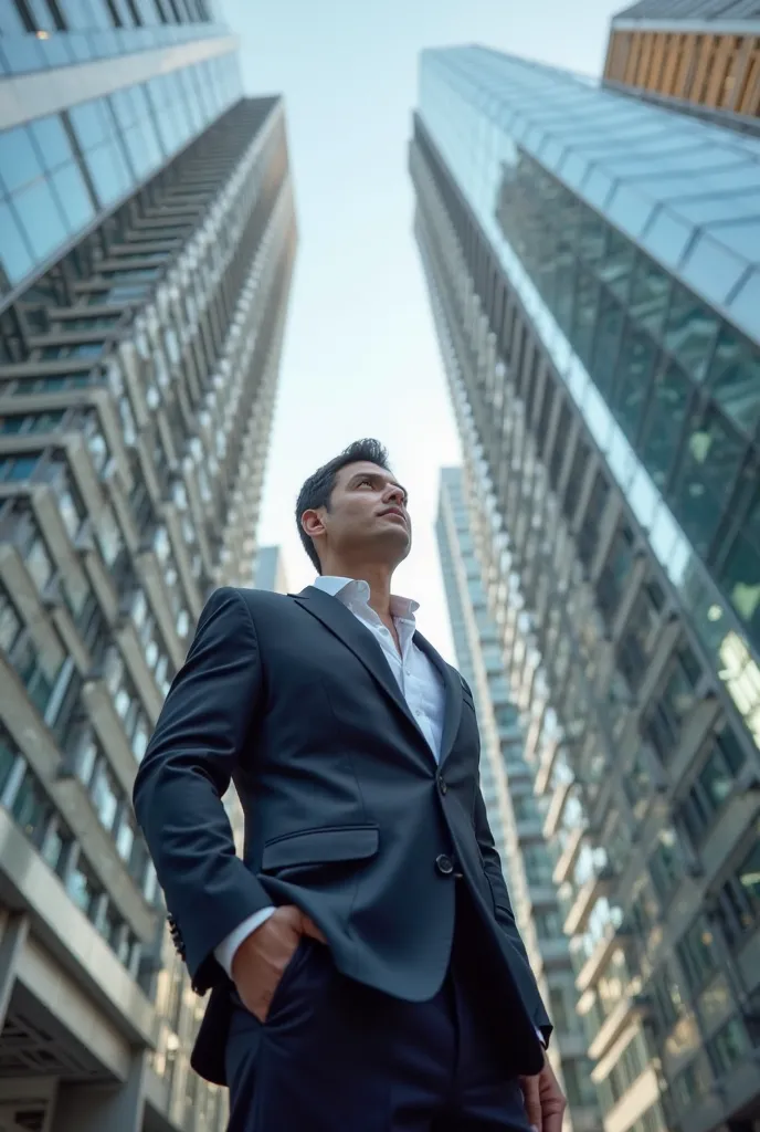 An elegant and sophisticated man , wearing a refined suit and a luxury watch, observe from the bottom up a modern and imposing building in a contemporary urban environment. The building has an innovative architecture, with glass facades reflecting the sky ...