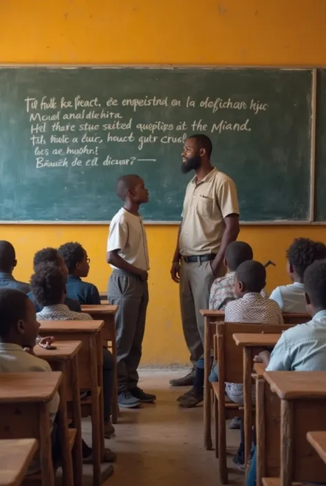 Une école neuve, simple mais solide, avec des murs peints de couleurs vives.

Des enfants assis sur des bancs en bois, un tableau noir où Malick écrit une phrase inspirante.

Un jeune garçon aux pieds nus s’approche timidement et lui pose une question.

Ma...