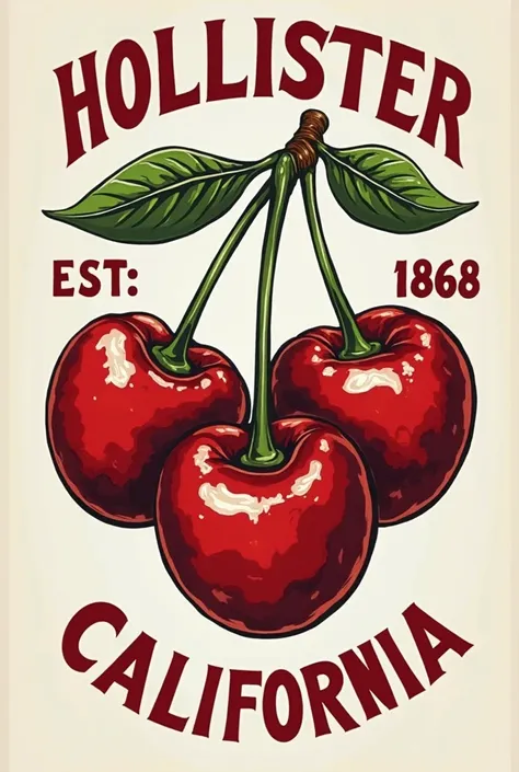 A logo that says “HOLLISTER” above that in the middle centered has some cherries, On the left side of the cherry say “EST:” and on the right side of the cherry say “1868”
Underneath all that centered say “CALIFORNIA “the cherries that look striking, the en...