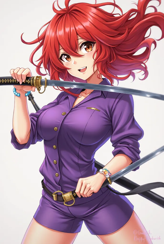 Big haired redhead, anime character, brown eyes, no barco Going Merry, In purple shorts and blouse, and with a katana in her hands 