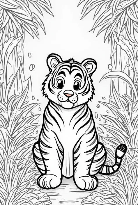 Colouring book for s,tiger in jungle cartoon style,thick lines,no detail,no shading, aspect ratio 9.11 for colouring 

