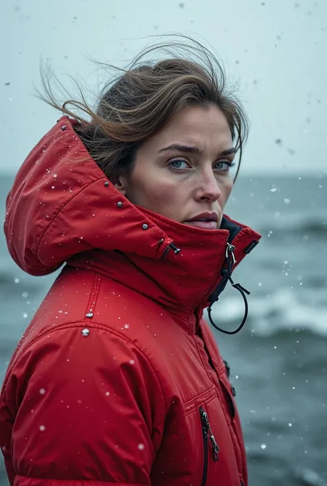 Femme parka rouge Helly Hansen visage dans le haut col voile mer -20 Degrès trouve une image ou la femme a le visage dérière le haut col rouge trouve moi 116 images
