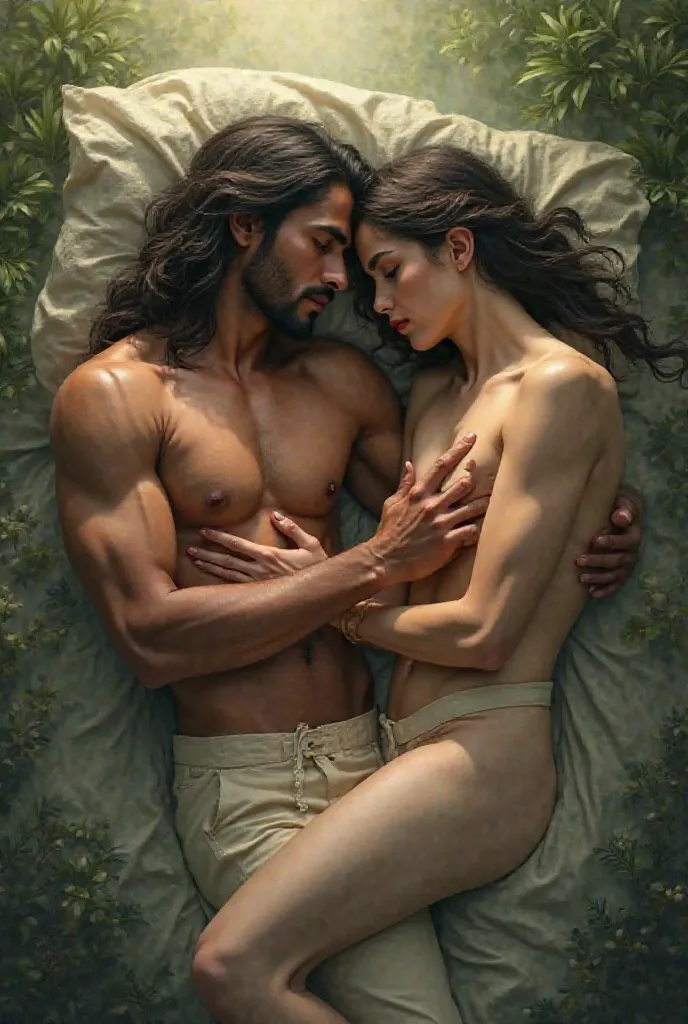 Fantasy nude indian hunk with long smooth silky wavy hair sleeping with his twink gay lover, aesthetic, sweet, anatomically correct