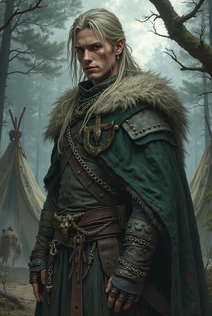 ((Chaotic Neutral)), ((medieval Slavic mercenary)), ((wolf motifs)), ((dynamic portrait)), ((ultra-detailed)), ((dark forest atmosphere))

Внешность:
— ((20-25 years old)), ((lean muscular build)), ((pale skin with faint scars)), ((long unkempt ash-blond h...