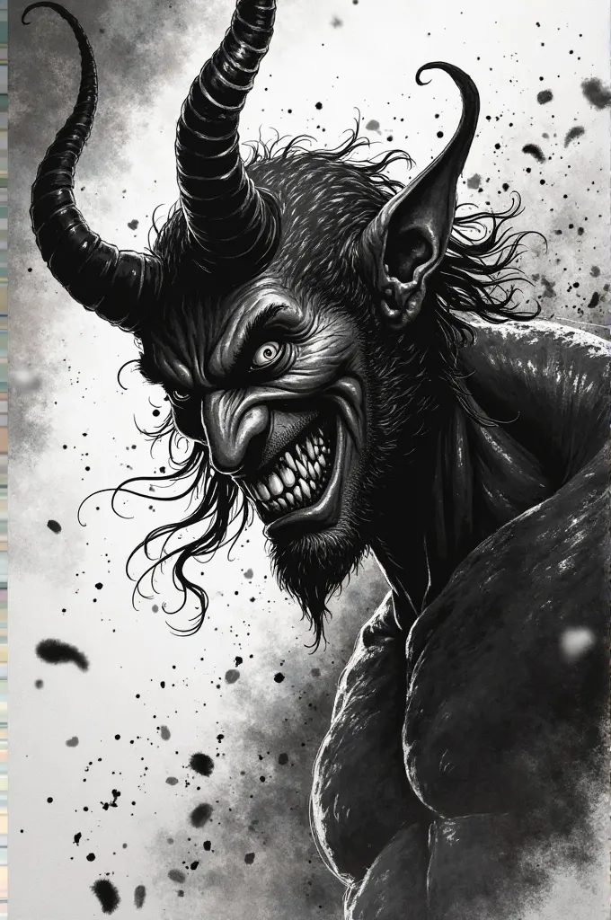 A beautiful and sensual devil with a seductive look and a malevolent smile, walking with a challenging attitude, large curved horns, ilustración en blanco y negro  style Frank Frazetta con trazos de tinta expresivos,  dramatic high contrast , dynamic lines...