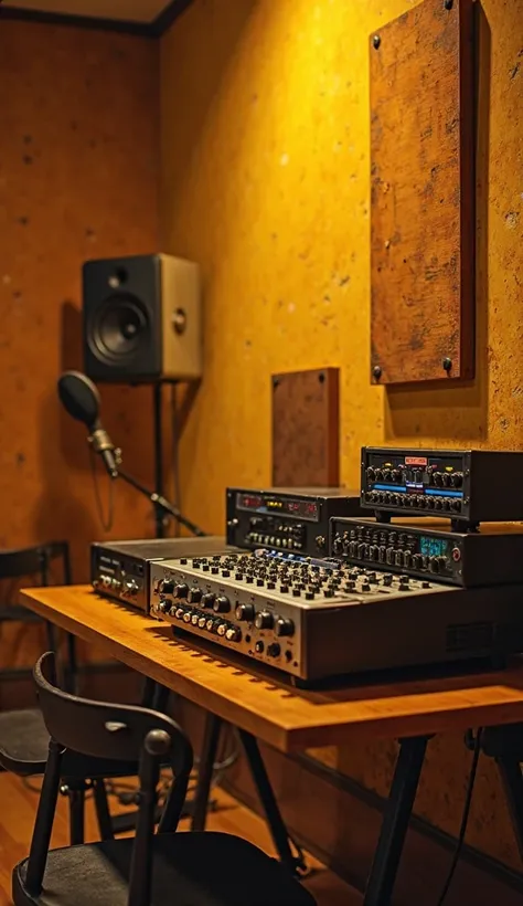 A vintage recording studio with warm yellow lighting. The camera angle is a medium shot with a slight diagonal tilt, taken from a slightly low and lateral perspective. The right side of the image features a textured wall with warm tones, adorned with subtl...