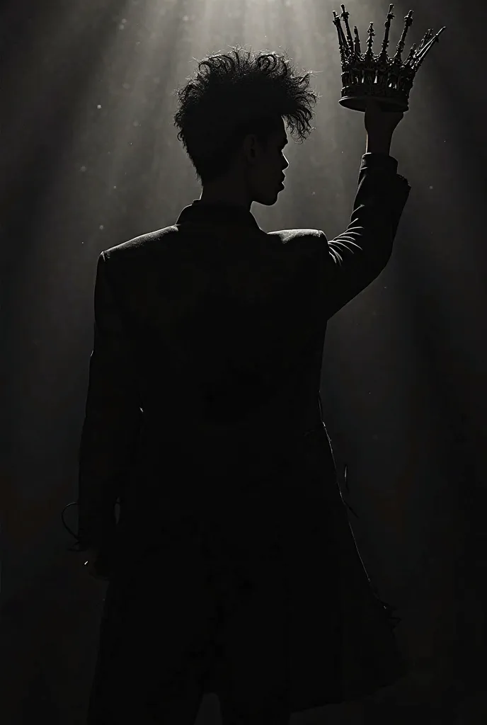 Silhouette of prince from back, holding his crown on the right hand 