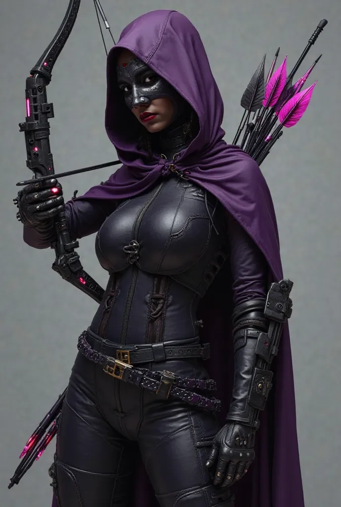  Predominant colors: Dark purple with black

Masque: Black, that covers up to the nose

Arms:

A technological black bow, with specialized arrows (explosive,  perforators , poisonous), daggers 

Female body 