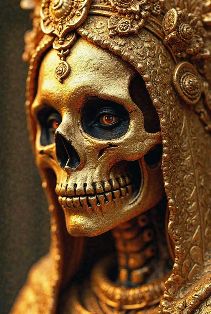 Crea una imagen De la Santa Muerte  que sea dorada, all gold that doesn't look like it was made by an AI and that's just her face, De la Santa Muerte , De la Santa Muerte  del país de México 