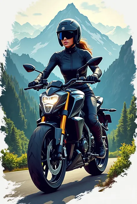 A logo of a girl wearing a helmet and motorcycle suit on top of a black Mt-09 motorcycle showing a beautiful landscape 