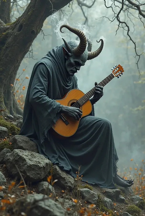 exiled demon sitting on a rock next to an old tree with a guitar 