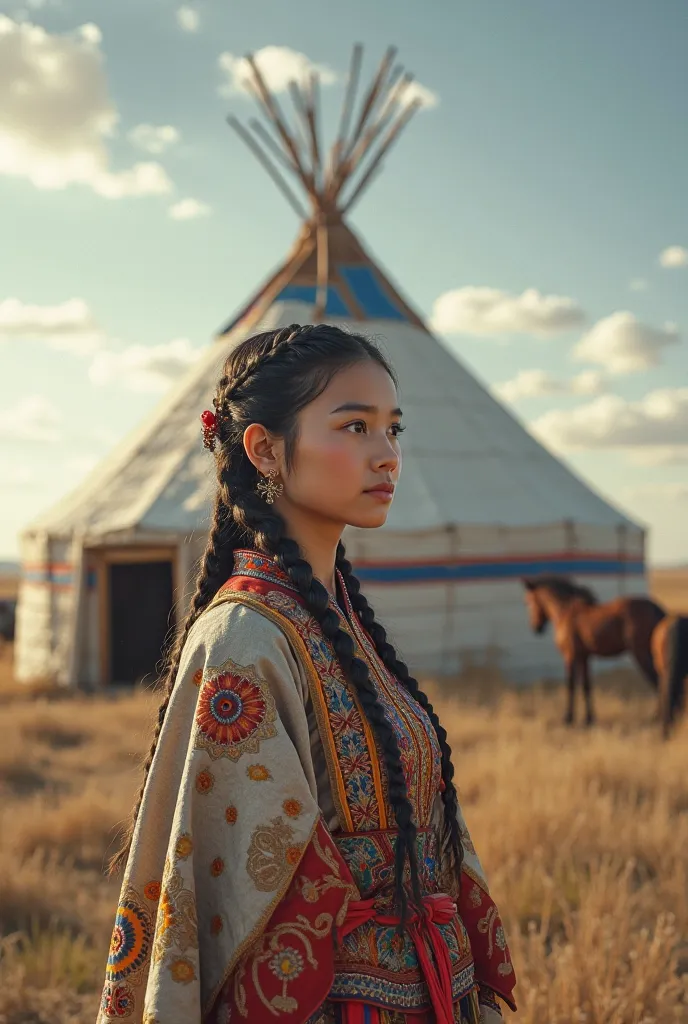 Kazakh-style girl, is standing in front of a yurt and there are horses in the background. There is a cloud in the sky and the sun.