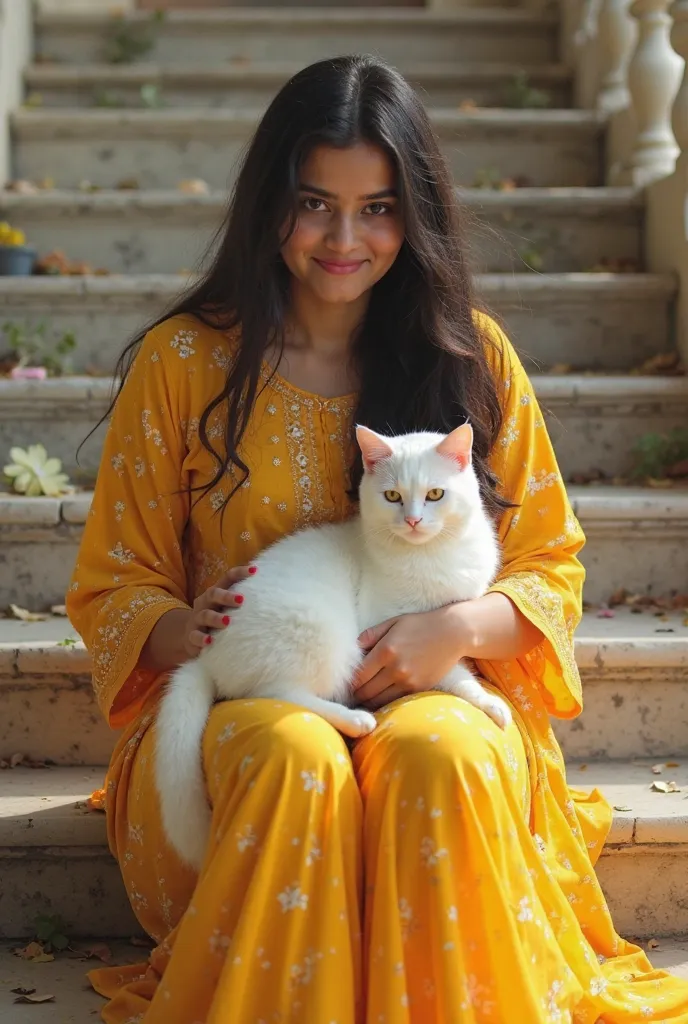 A beautiful **slightly fat girl** is sitting on the steps.  Age is 30 She is an indian
  - She is wearing a **bright yellow frock** that sparkles in the light.  
  - She has **long hair** reaching her shoulders.  
  - On his lap sits a **little white cat**...