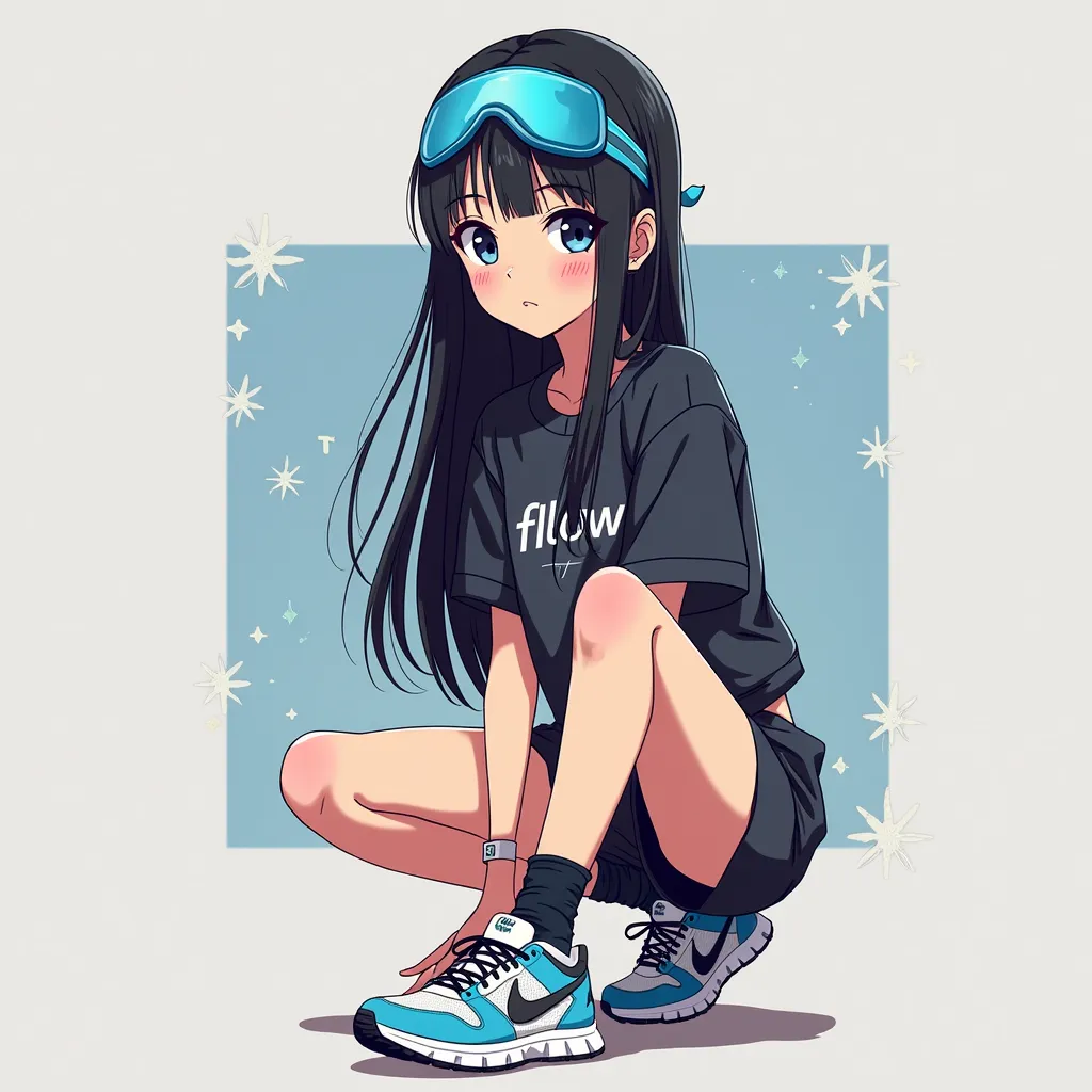 a , with straight black hair, com a faixa azul nos olhos, usando a blusa preta, Written "flow" And short black skirt and short skirt, with Nike sneakers, in animation 