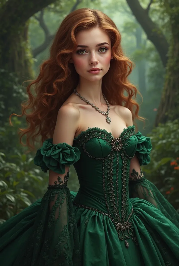 Hermione granger, brown hair with elegant curls, white skin, small face,  dark eyes , button nose, Average height of a woman, forest green ball gown, con corset 