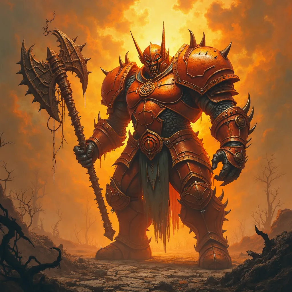 evil gluttony knight, with full orange armor and with a mace