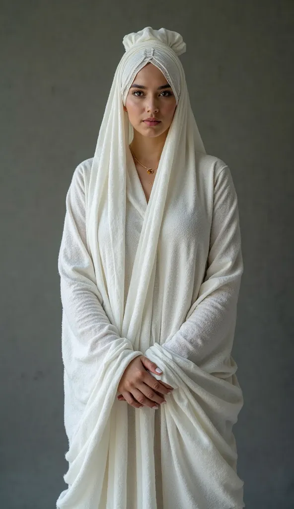 A beautiful Javanese woman with big boobs of curvaceous stature is wrapped in white cloth all over her body and both hands are tied back tightly like cocoon, cosplay to be a pocong, full body, only her face looks like her head is wrapped in a cloth like ca...