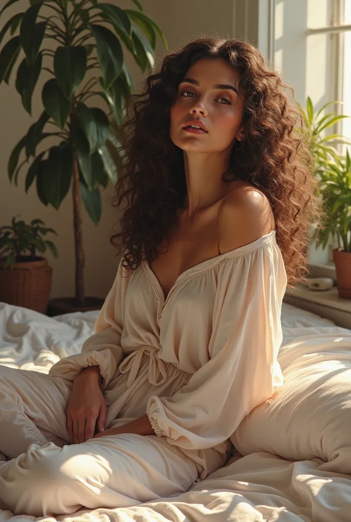 (photorealism:1.2), beautiful woman, sitting on bed, wearing loose off-shoulder top, pajama pants, long curly hair, indoors, soft lighting, plants in background, window with sunlight, cozy room, relaxed pose, realistic, intricate details, warm colors, by G...