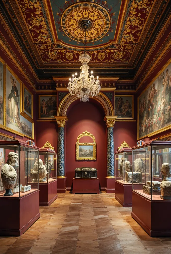 Interior of the museum, with rich details reflecting the glory of the past presents a decorated atmosphere. High ceiling, decorated with finely embroidered motifs dominated by shades of gold and blue. Exquisite chandelier, adds historical splendor to the s...