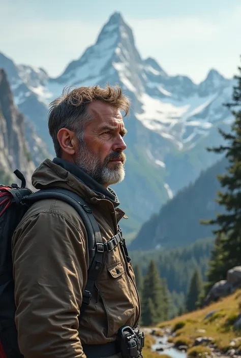 Man about 35 with brittle light brown hair and short beard in alpine profile