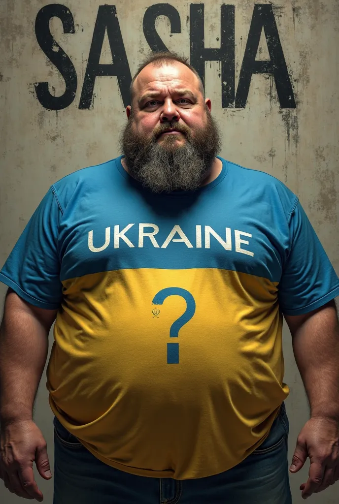 Create a man standing with a big belly and a long beard, and the T-shirt should say Ukraine and its flag, and the name Sasha should be written in the background and sucked with a question mark below 