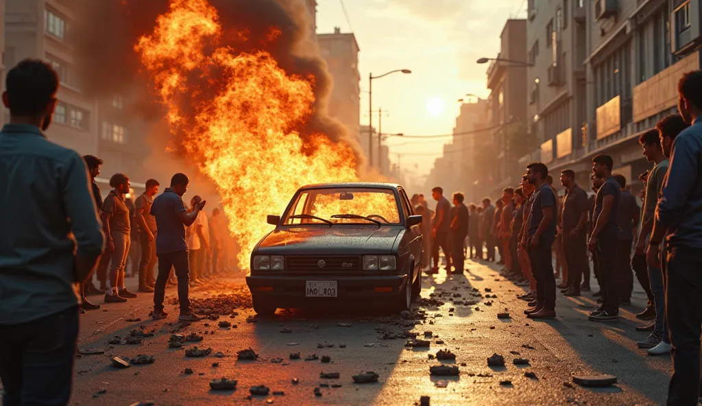 Create a hyper realistic image of a traffic accident with a Fiat Uno model car with sparks of fire coming out of the hood, on a street in a Brazilian city with some people looking perplexed and scared