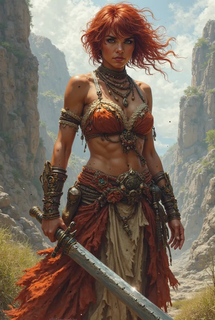 CREATE A BARBARIC WOMAN FOR RPG. WITH SHORT MARSALA HAIR AND A ONE-HANDED LONG SWORD. A VERY STRONG WOMAN, WITH GYPSY STYLE CLOTHES