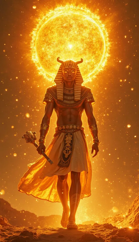 day, the Sun God and supreme ruler of the gods, walks imposingly towards me,  radiates overwhelming presence . Your skin shines like molten gold, reflecting the incandescent power of the Sun itself. } Its falcon-like head carries the flaming solar disk, su...