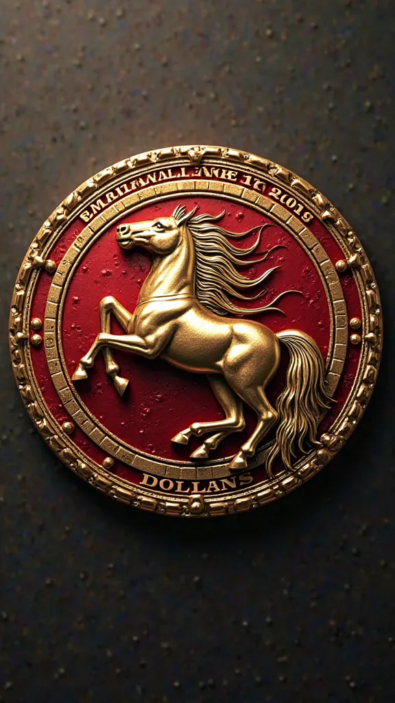  Créer un logo 3d de forme ronde,  portant le nom "DOLLAR" en couleur gold écrit avec une police impressionnante,  combiné  avec un cheval pur sang arabe et le drapeau Syrien Résolution Haute, avec un arrière plan  fumée et bling bling 