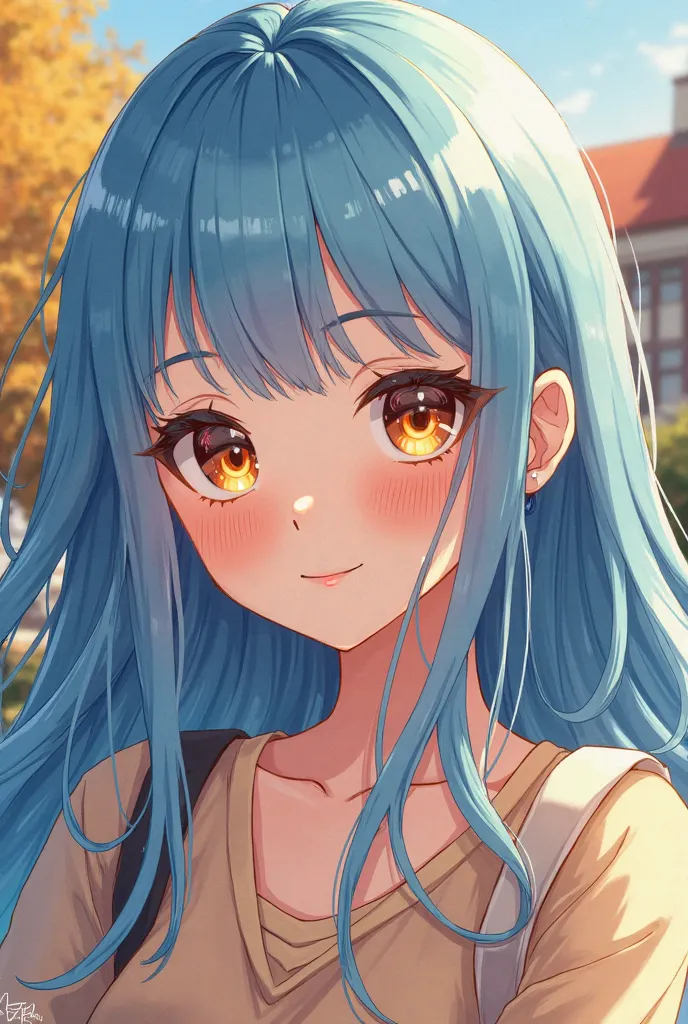 A girl with blue hair and golden eyes in the college melon heart drawing style 