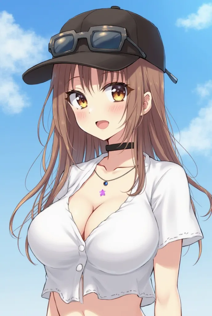 masterpiece,best quality,amazing quality,absurdres, BREAK 
1girl, baseball cap, black hat, blue sky, breasts, brown eyes, brown hair, choker, cleavage, cropped shirt,commentary, hat, large breasts, long hair, looking at viewer, navel, navel piercing, open ...